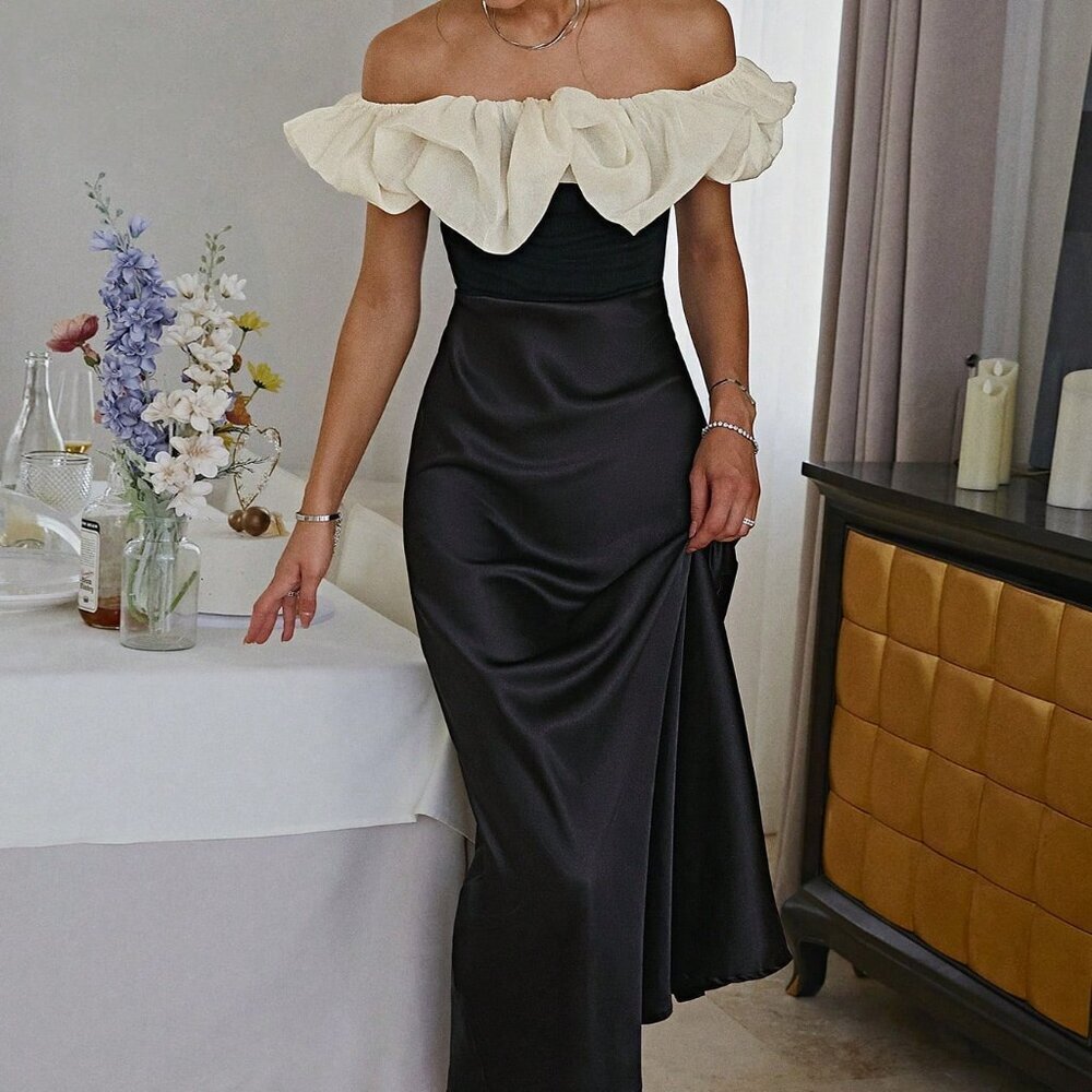 Black Casual Women's Off-Shoulder Ruched French Style Dress